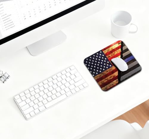 9.5x7.9 Inch Office/Gaming Mouse Pad, Rustic Patriotic American Flag Split Design Wooden Thin Blue Line Honor & Pride, Cute Anti-Slip Mat for Desk Decor