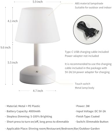 KDG White Cordless Small Table Lamp, Outdoor Shower Waterproof Desk Lamp
