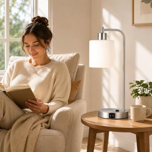 Set of 2 Industrial Touch Control Table Lamps with 2 USB Ports and AC Outlet - 3-Way Dimmable Nickel Bedside Lamp Nightstand Desk Lamps for Bedroom Living Room, Opal Glass Shade & 2 LED Bulbs Included