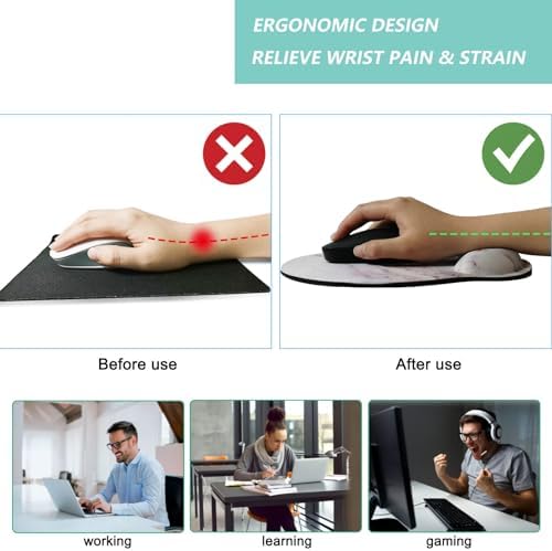 Mouse Pad with Wrist Support, Ergonomic Mouse Pad with Memory Foam Wrist Rest Cushion, Non-Slip Rubber Base Gaming Mice Pad for Home Office Computer Laptop, White Marble