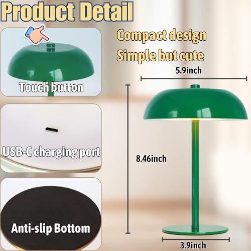 Cordless LED Mushroom Table Lamp, 5200mAh Battery, Dimmable 3 Color, Green