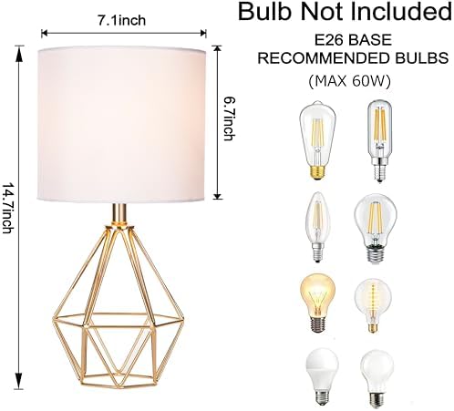 Small Gold Table Lamp Set of 2, Bedside Nightstand Lamps with White Shade, Hollow Metal Base, Modern Geometric Desk Lamp for Bedrooms, Living Room, Office
