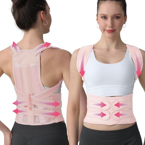 Posture Corrector for Women and Men, Adjustable Shoulder Straightener with Full Back Support, Relief for Lower & Upper Back Pain, Spine, Scoliosis Relief (Pink, Medium)