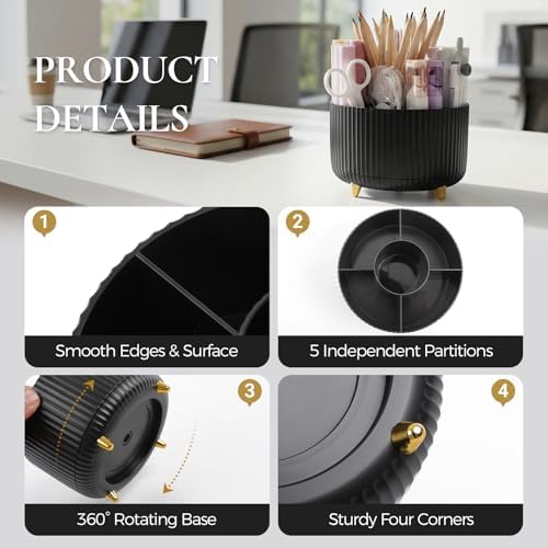 KONVINIT Pencil Pen Holder for Desk, 5 Slots 360 - Degree Rotating Desktop Organizer, Cute Desk Organizers and Accessories for School, Home, Office and Art Supply, Black