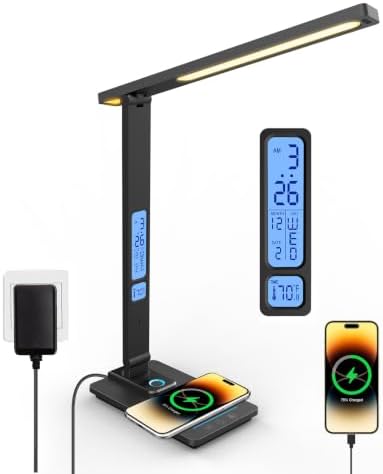 Infiway Desk Lamp with USB Charging Port: LED Desk Lamps for Home Office - 1 USB-A, 1 Type-C Charging Port, 2 AC Power Outlets, Touch Control Dimmable 5 Color 5 Brightness, Night Light(Black)