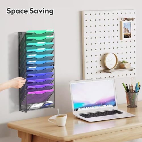 samstar 12 Tier Wall File Organizer, Hanging Wall Mount File Holder Paper Folder Mail Organizer, Mesh Metal, Black.