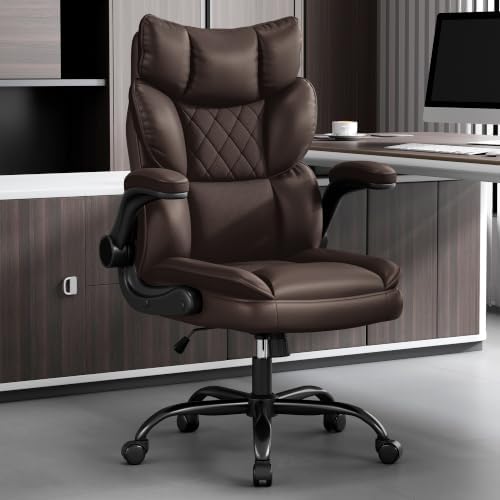 Vonesse Office Chair, Desk Chair with Flip-up Armrests, Gaming Chair with Double-Layered Soft Backrest,PU Leather Computer Executive Chair with Breathable Seat Cushion (Brown)