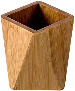Bamboo Wood Pen Holder Stand for Desk Geometric Pencil Cup Pot Cute Desktop Office Supplies, Makeup Brushes Organizer (Bamboo)