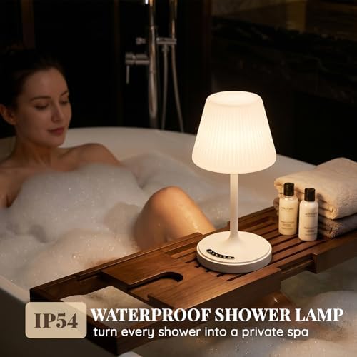 Waterproof Shower Lamp Outdoor Cordless Table Lamp, 3 Color Dimmable -White