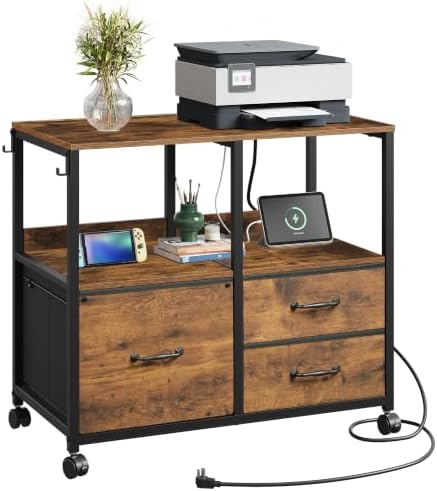 DEVAISE 3 Drawer Mobile File Cabinet, Fabric Filing Cabinet, Rustic Brown