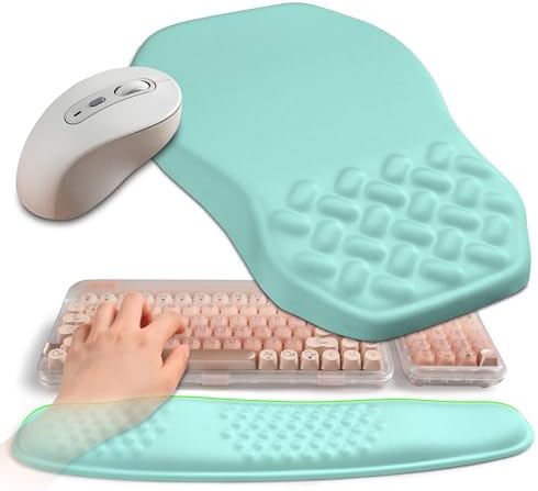 2-in-1 Ergonomic Set, Wave Keyboard Wrist Rest and Massage Slope Mouse Pad Wrist Support, Rebound Memory Foam for Relieve Carpal Tunnel Syndrome and Wrist Pain (Light Blue)