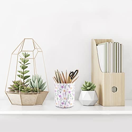 Pen Holder, Makeup Brush Holder Leather Cute Vintage Flowers Pattern Pencil Cup for Girls Kids Women Durable Stand Desk Organizer Storage Gift for Office, Classroom, Home, Cute Flower