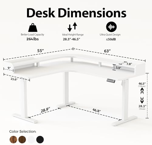 Agilestic L Shaped Standing Desk with Monitor Shelf, 63 Inch, White
