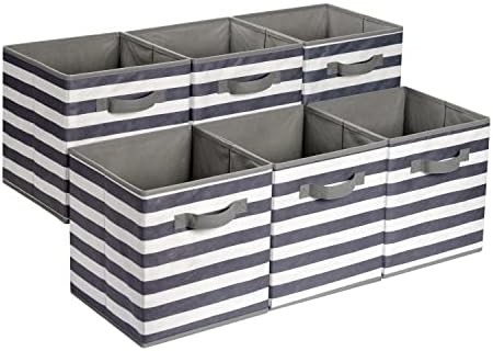 Amazon Basics Collapsible Fabric Storage Bins with Handles, Cube Organizer for Home Organization, 10.5"x10.5"x11", White/Light Grey Stripe, 6-Pack