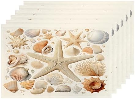 Shrahala Seashells Starfish Set of 6 12 X 18 Inch Linen Placemats, Beach Collection Burlap Table Mat Washable Double Layered Heat Insulation for Indoor/Outdoor