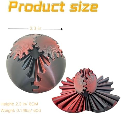 Gear Ball 3D Printed Spin Ball Cube Fidget Toys, Gear Sphere Fidget Toy, GearSphere Desk Toy Stress Fidget Balls, Fidgets Spinners for Adults & Kids Anxiety Relaxing (Laser Dark Red, 2.3 Inch)