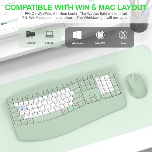 Wireless Keyboard and Mouse Combo,2.4G Ergonomic Wave Keys(Avocado Green-B)