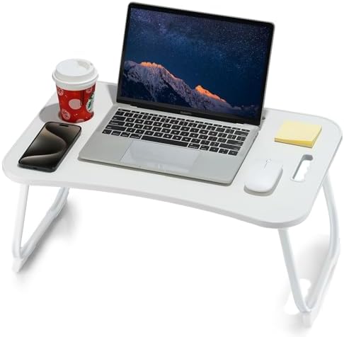ZEAPTAC Laptop Bed Desk, Foldable Lap Desk, Portable Lap Table, Laptop Stand with Cup Holder, Tablet Slot & Lifting Handle for Work, Write, Draw & Eat on Bed, Sofa or Couch - White