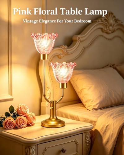 Flower Glass Table Lamp for Bedroom Dimmable Vintage Pink Lamp Gift