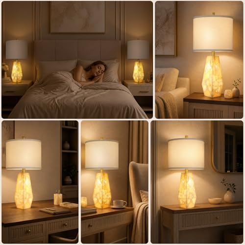 Scenekoy Alabaster Table Lamps Set of 2, Modern Desk lamp with Night Light