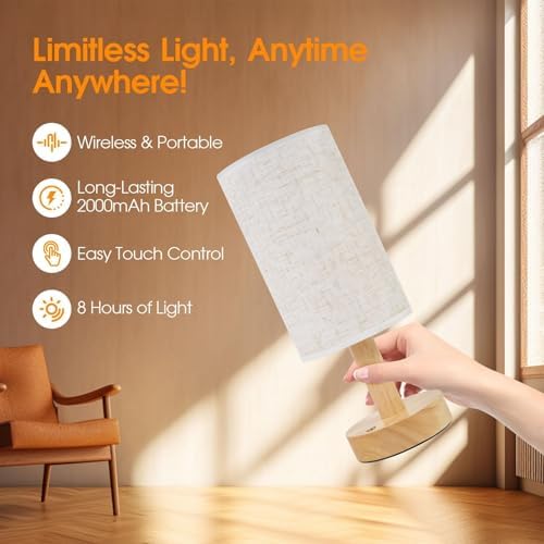 Rechargeable Cordless Table Lamp, Touch Stepless Dimming with Memory