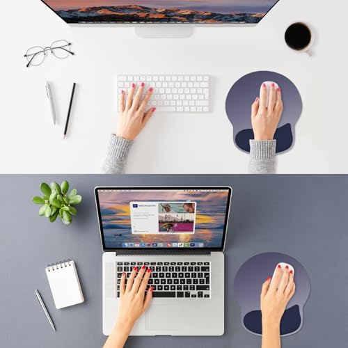 ITNRSIIET Ergonomic Mouse Pad with Wider Memory Foam Wrist Rest +17% - Curved Cushion Reduces Pressure 20%, Pain Relief, Non-Slip, Smooth, Cute Colors, 9.85 x 9 in, Gray Blue