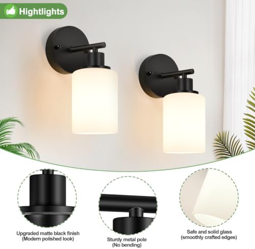 Set of 2 Wall Sconces for Bathroom,Black Modern Vanity Lights with Milky White Frosted Glass Shades,Bathroom Wall Lamp, for Bathroom, for Mirror, Living Room, Kitchen, Hallway, Cabinet, Porch