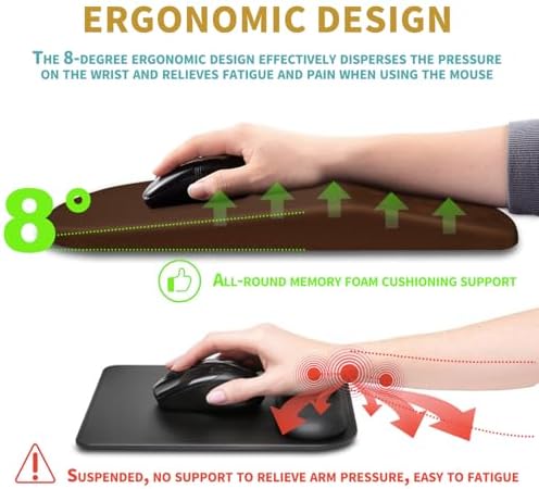 Hokafenle Ergonomic Mouse Pad Wrist Support with Massage Design, Wrist Rest Pain Relief Mousepad with Memory Foam&Non-Slip PU Base, Mouse Pads for Wireless Mouse & Desk (12x8 inch,Brown)