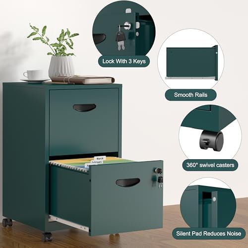 SteeLoong 2 Drawer File Cabinet,Metal Mobile File Cabinet with Lock Green