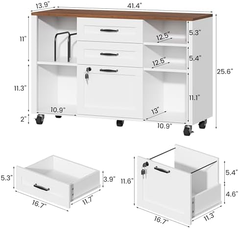 3 Drawer Wood Lateral File Cabinet with Lock, Rolling Mobile Filing Cabinet with Open Storage Shelves, Printer Stand Office Storage Cabinet for Home Office Fits Files Legal/A4 Size, White