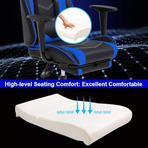 PC Gaming Chair with Footrest, Ergonomic Home Office Chair with Lumbar Support & Headrest Pillow, Blue