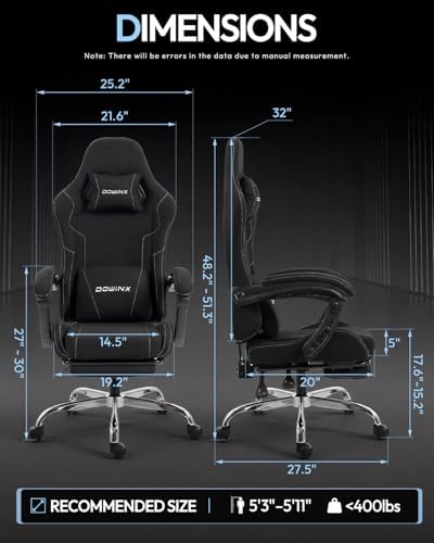 Dowinx Ergonomic Gaming Chair with Footrest & Massage Lumbar, 2D-Linkage Armrests for Computer Chair 330lbs with Headrest Pillow for Office, Home, Streaming and Long Gaming Sessions, Fabric Black