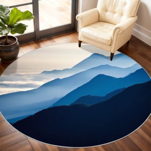 Mountain Round Rug - 8ft Washable Misty Mountain Round Area Rug for Living Room, Natural Landscape Circle Rugs Soft Non-Slip Carpet for Bedroom Dining Table Coffee Table Decor Mat