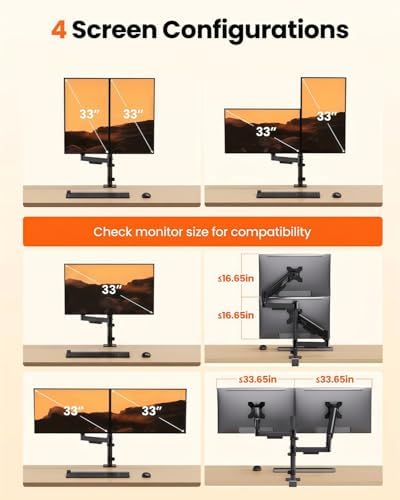 ErGear Dual Monitor Stand, Stacked Monitor Mount for 13-33″ Screens, Up to 19.8 lbs/Arm, Enhanced Stability with Integrated C-Clamp, Upgraded Cable Management, VESA 75x75/100x100mm, Home Office Gaming