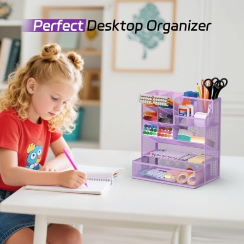 Mesh Pen Organizer for Desk, 13 Compartments with Drawer， Purple