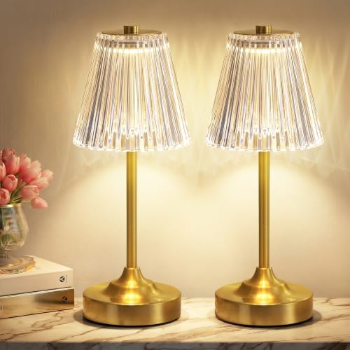 Kakanuo Gold Cordless Rechargeable Table Lamp, Touch Battery Powered Lamp, 3 Color Modes, Crystal Acrylic Lampshade, Portable Ambient Night Light for Desk, Bedroom, Dining Room, Kitchen, Bar (2 Pack)