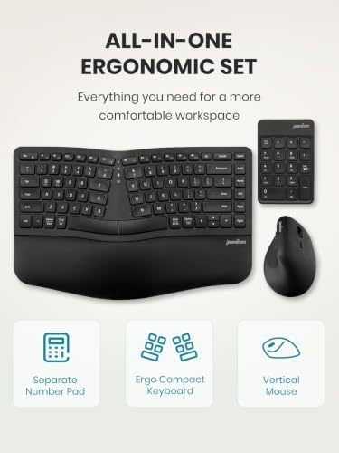 Perixx PERIDUO-606IIA 3-in-1 Wireless Compact Ergonomic Keyboard with Vertical Mouse and Numeric Keypad - Quiet Keys & Clicks - US English