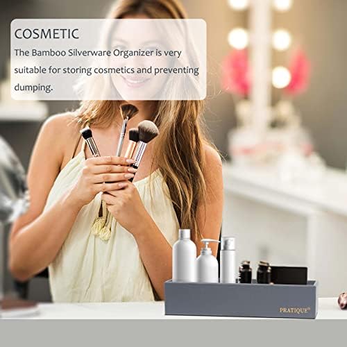 PRATIQUE Bamboo Drawer Organizer - Kitchen Utensil Organizer Silverware Tray Cutlery Holder，Office Desk Supplies and Accessories,8.9 * 3 * 2.6,Grey