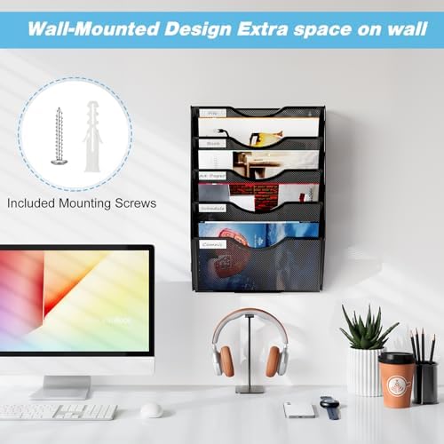 Wall Hanging File Holder 5 Pocket Wall Mounted Paper Organizer Magazine File Holder Storage Rack,Black