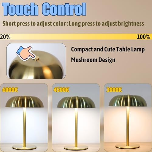 Cordless LED Mushroom Table Lamp, 5200mAh Battery, Dimmable 3 Color, Gold