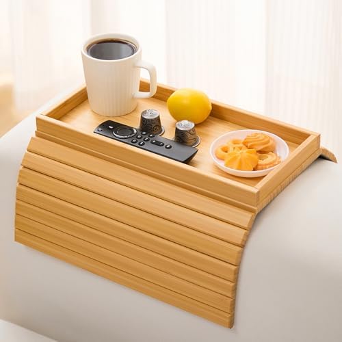 Bamboo Couch Arm Tray Table，Foldable Sofa Armrest Tray Table for Couch，Flexible and Anti-Slip Couch Arm Cup Holder，Portable Sofa Arm Chair Table for Drink,Cups, Eats，Snacks, Phone, Remote