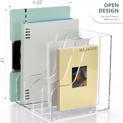 SANRUI Acrylic Desk Organizers, Clear Magazine File Holder, 5 Vertical Compartments A4 Folder Binder Holders Sorter, Office Desktop Workspace Organization Storage Rack for Office Home School