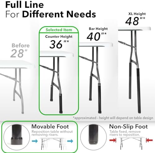Lift Your Table® Folding Table Risers - Counter Height (Movable Foot) - Made in The USA, Heavy Duty, Sturdy, Portable, Easy-to-Use Extensions Raise Bent Leg Folding Tables (Set of 4)