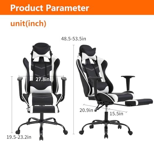 PC Gaming Chair with Footrest, Ergonomic Home Office Chair with Lumbar Support & Headrest Pillow, White