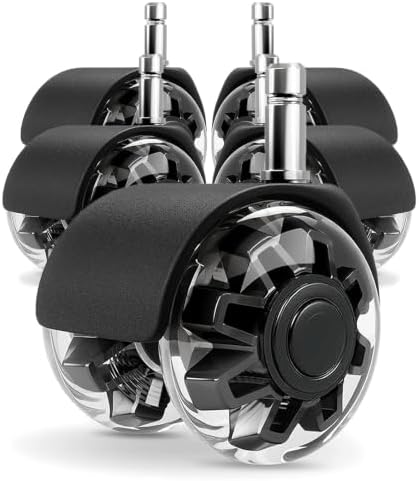Office Chair Wheels, 2 Inch Rubber Rollers, Heavy Duty, Safe for Hardwood Floors, Carpets, Mats, Universal Size 11x22mm, Smooth and Quiet, Set of 5 (Black & Clear-Dual/2inch)