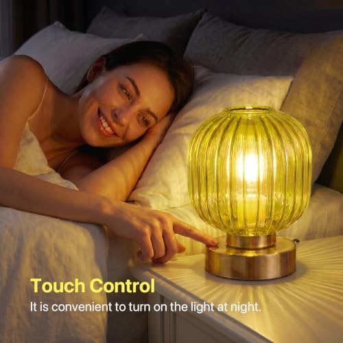 Elenhome Green Touch Glass Table Lamp, 3-Way Dimmable Bedside Lamp, Vintage Mid-Century Modern Small Nightstand Lamp for Bedroom and Living Room, Ambient Mood Lighting, LED Bulb Included