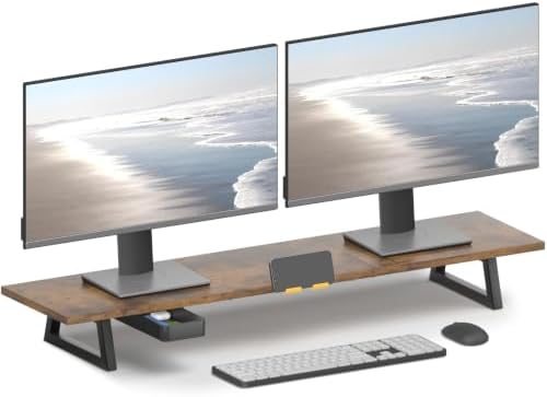 TEAMIX 39.4 inch Dual Monitor Stand Riser with Drawer & Phone Holder, Brown