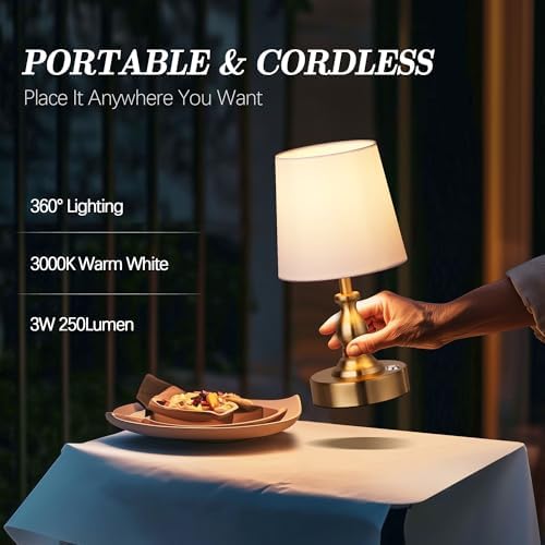 PARTPHONER Mini Cordless LED Table Lamp, 5200mAh Rechargeable Battery Operated Lamp, 3-Level Brightness, Touch Dimmable Desk Lamp, Bedside Night Light for Patio Camping Restaurant Home, Antique Brass