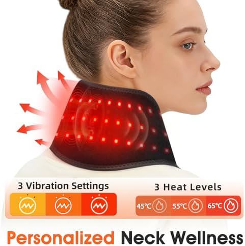 Neck Heating Pad, Cordless Neck Heating Pad for Pain Relief, Electric Heated Neck Wrap with 660nm & 850nm Red Light, 3000mAh Battery, 3 Levels Heat & Massage
