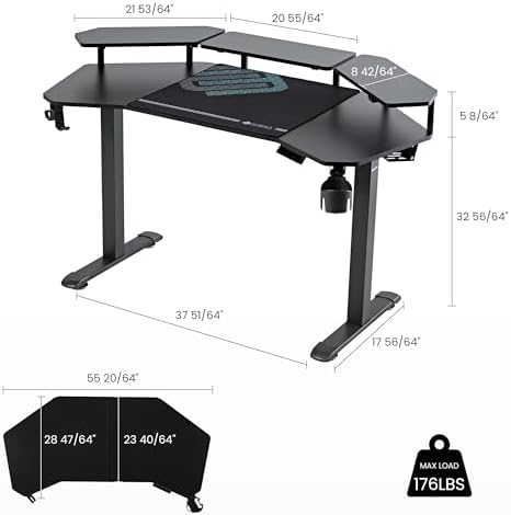EUREKA ERGONOMIC Aero 55 Inch W Shaped Electric Standing Desk, Height Adjustable Computer Gaming Desk with LED Monitor Shelf, Mouse Pad, Headphone Hook, Cup Holder, Carbon Black